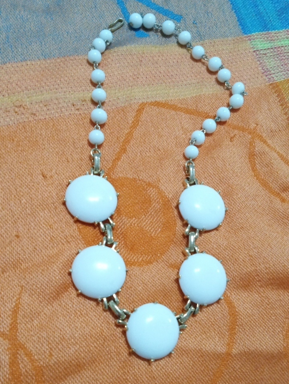 Vintage White Necklace Large Enamel With Beads